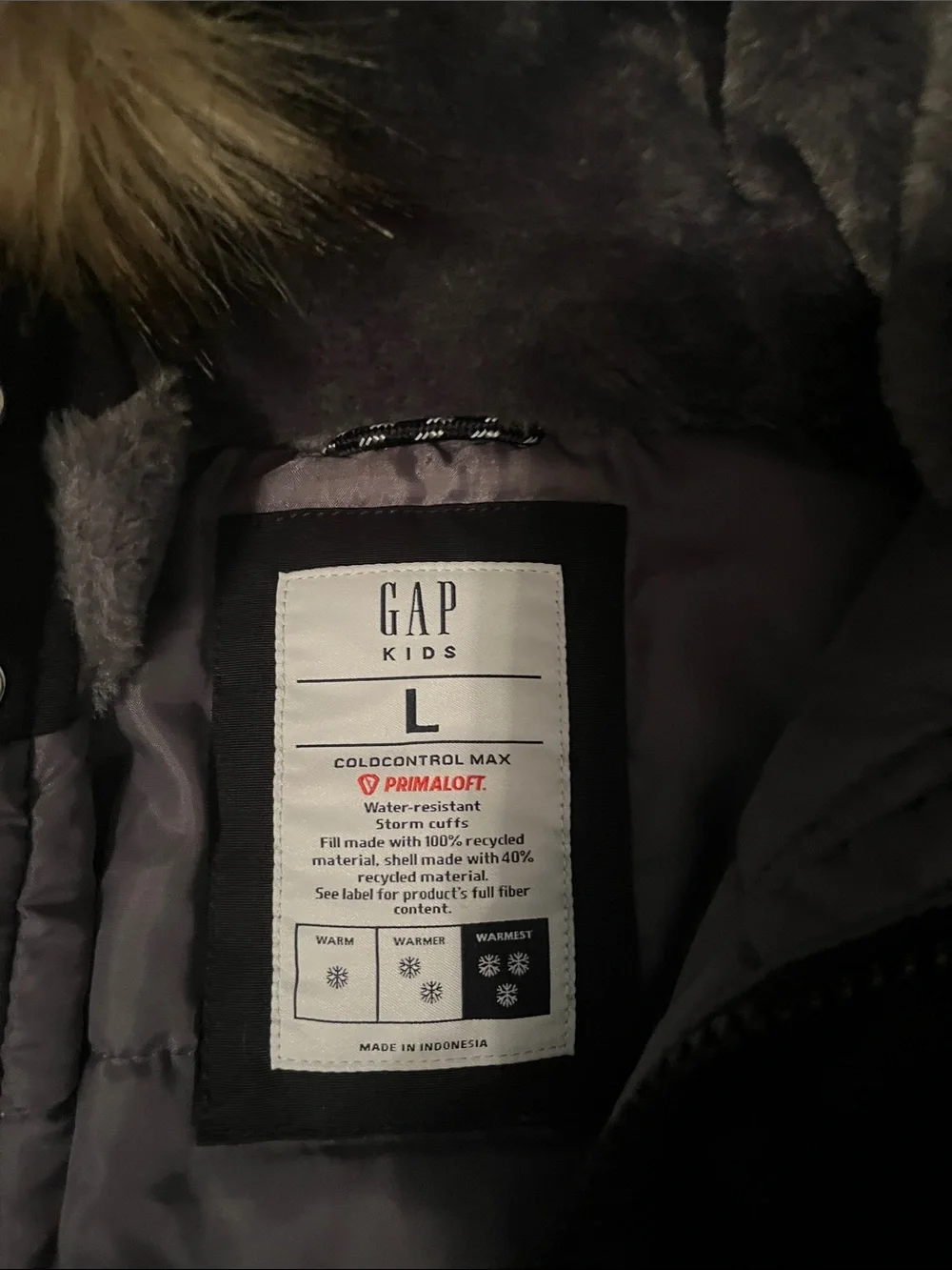 GAP Black Puffer Coat with Faux Fur Hood.
